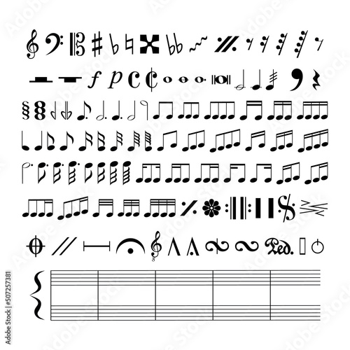 Vector iilustration of all music notes and symbols isolated on white background. 