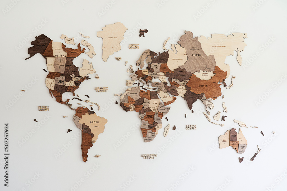 Naklejka premium world map made of wood crafts for planning a trip