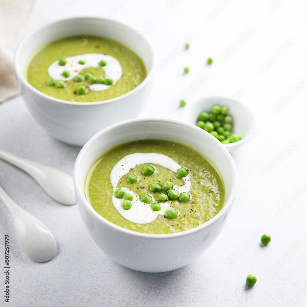 Homemade green pea soup with cream Homemade green pea soup with cream