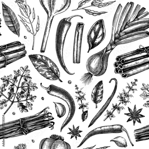 Hand-drawn herbs and spices sketches background. Hand-sketched food backdrop in color. Vintage aromatic plants seamless pattern in sketched style. Kitchen spice and herbs  fabric design