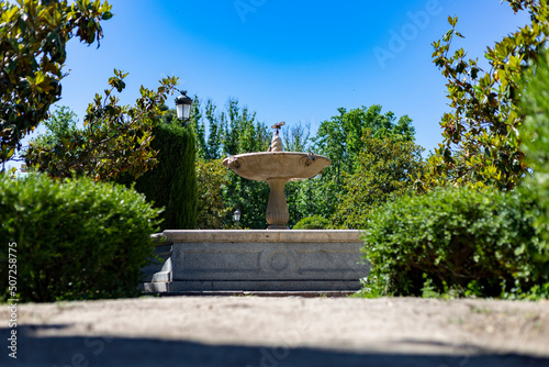 Fountain. Stone fountain surrounded by green vegetation in a park in Madrid on a clear day with a blue sky, in Spain. Europe. Photography.