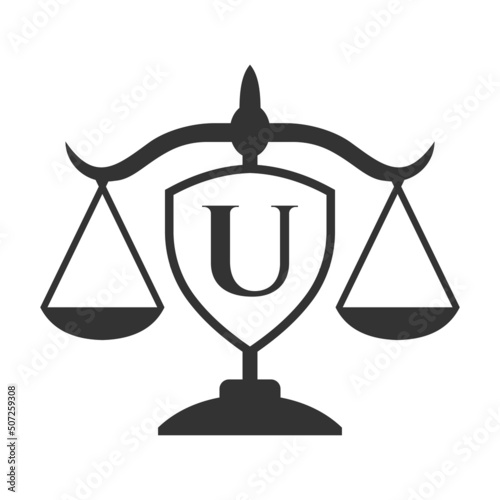 Law Firm Logo Design On Letter U with Shield Sign. Law Logo, Lawyer And Justice, Law Attorney, Legal, Lawyer Service, Law Office, Scale Logo Template