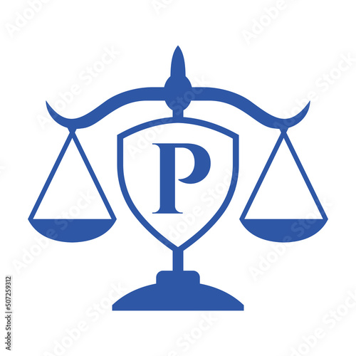 Law Firm Logo Design On Letter P with Shield Sign. Law Logo, Lawyer And Justice, Law Attorney, Legal, Lawyer Service, Law Office, Scale Logo Template