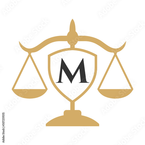 Law Firm Logo Design On Letter M with Shield Sign. Law Logo, Lawyer And Justice, Law Attorney, Legal, Lawyer Service, Law Office, Scale Logo Template