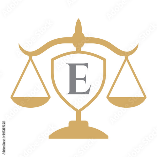 Law Firm Logo Design On Letter E with Shield Sign. Law Logo, Lawyer And Justice, Law Attorney, Legal, Lawyer Service, Law Office, Scale Logo Template