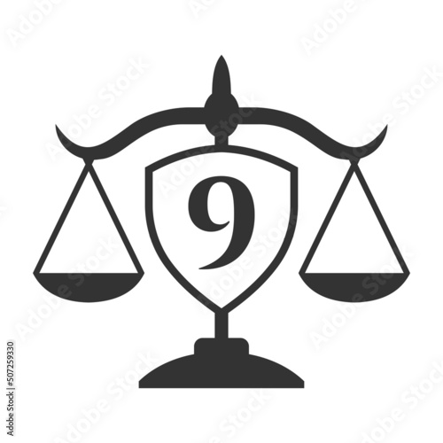Law Firm Logo Design On Letter 9 with Shield Sign. Law Logo, Lawyer And Justice, Law Attorney, Legal, Lawyer Service, Law Office, Scale Logo Template