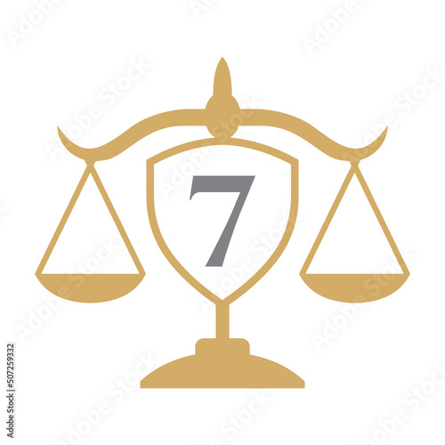 Law Firm Logo Design On Letter 7 with Shield Sign. Law Logo, Lawyer And Justice, Law Attorney, Legal, Lawyer Service, Law Office, Scale Logo Template