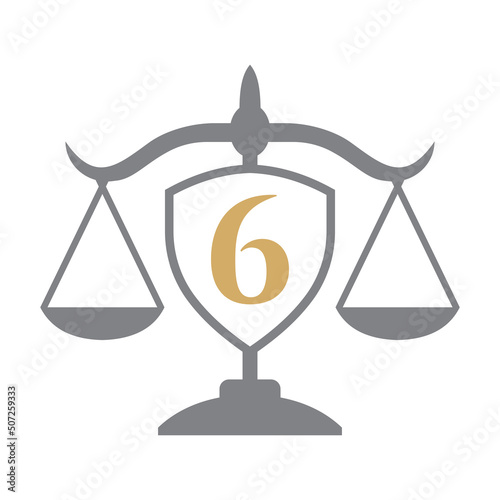 Law Firm Logo Design On Letter 6 with Shield Sign. Law Logo, Lawyer And Justice, Law Attorney, Legal, Lawyer Service, Law Office, Scale Logo Template