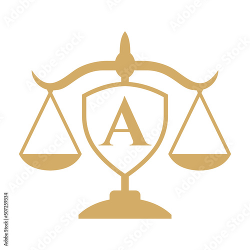 Law Firm Logo Design On Letter A with Shield Sign. Law Logo, Lawyer And Justice, Law Attorney, Legal, Lawyer Service, Law Office, Scale Logo Template