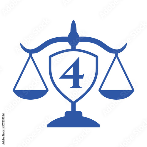 Law Firm Logo Design On Letter 4 with Shield Sign. Law Logo, Lawyer And Justice, Law Attorney, Legal, Lawyer Service, Law Office, Scale Logo Template