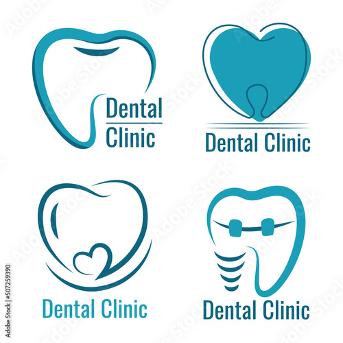 Dental clinic logotypes set vector isolated. Collection of logos for dentistry. Abstract shapes, modern design for logo. Medical business concept. Blue tooth icon.