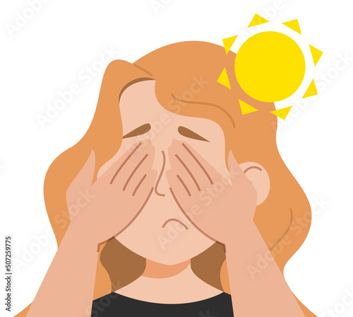 Light sensitivity vector isolated. Female character suffering from photophobia. Symptom of migraine. Problem with health, light intolerance. photo