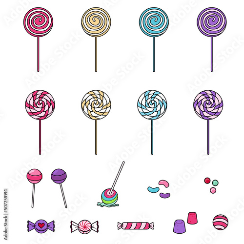 Lollipops and Gumdrop,  Sweet One Line Filled Art, Candy Ice Cream Cake, Candy Land Game Vector Art