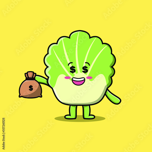 Cute cartoon Crazy rich chinese cabbage with money bag shaped funny in modern design