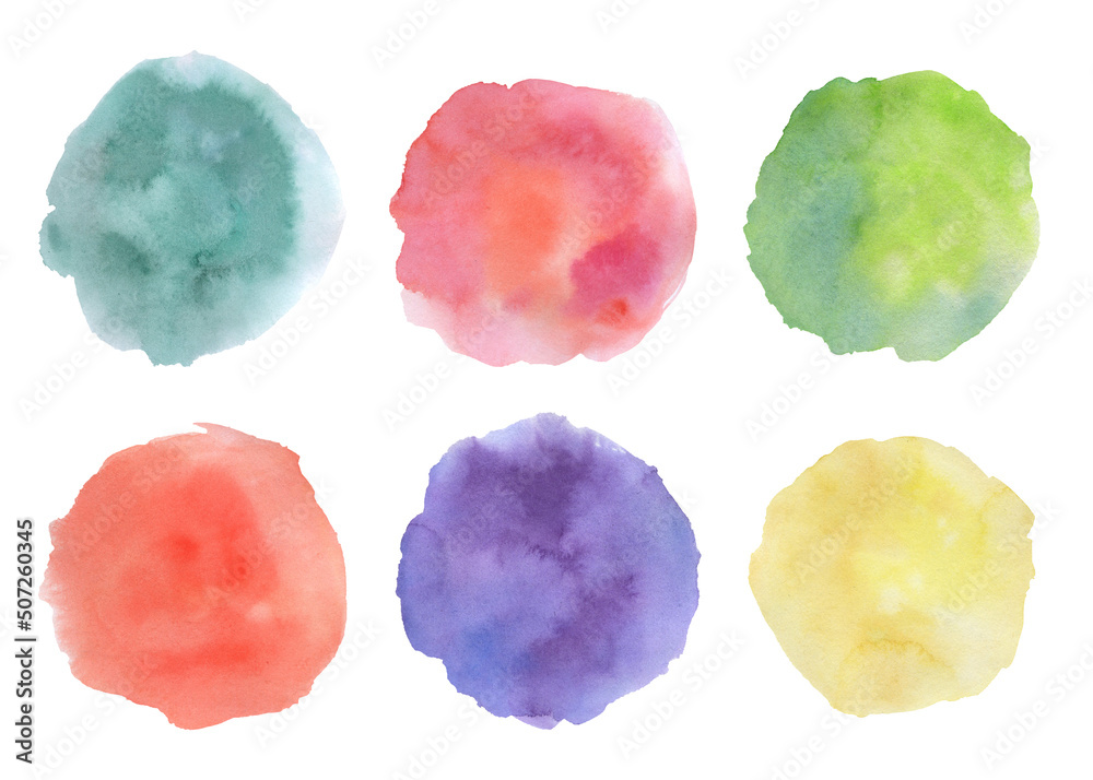 Set of Abstract red, purple and green watercolor hand painted texture isolated on white. Round empty template
