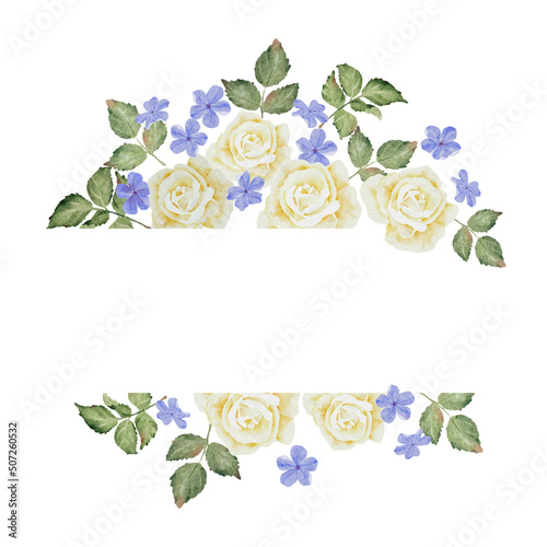 watercolor white rose and plumbago flower bouquet wreath frame banner background