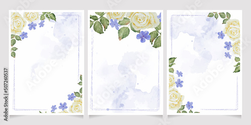 watercolor white rose and plumbago flower bouquet wreath frame on indigo blue splash background