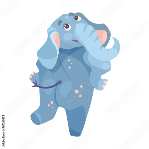 Funny elephant posing in front of circus spectators cartoon illustration. Cute baby elephant with long trunk performing. Animal, circus concept