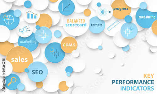 KEY PERFORMANCE INDICATORS colorful vector business concept with colorful symbols on blue background