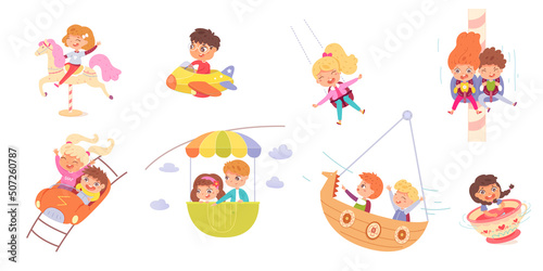Kids riding in amusement park set. Happy children on carousel, ferris wheel, rollercoaster, ship, swing vector illustration. Boys and girls having fun in summer carnival or fair.
