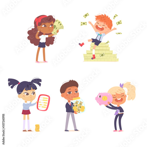 Busy kids entrepreneurs work with money, boys and girls counting coins, holding moneybox