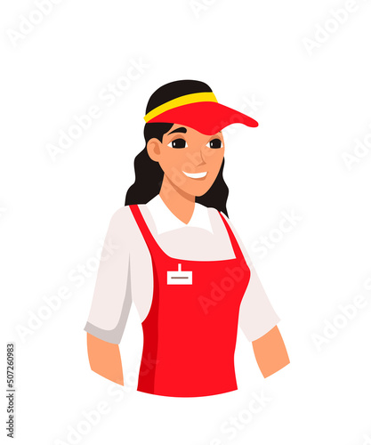 Happy saleswoman character, woman in red hat and apron standing and greeting buyers