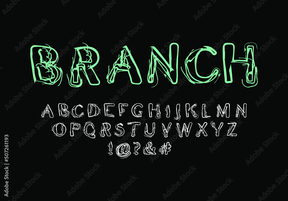 Font with messy tree branch texture. Vector font for typography, title writing, poster or logo needs