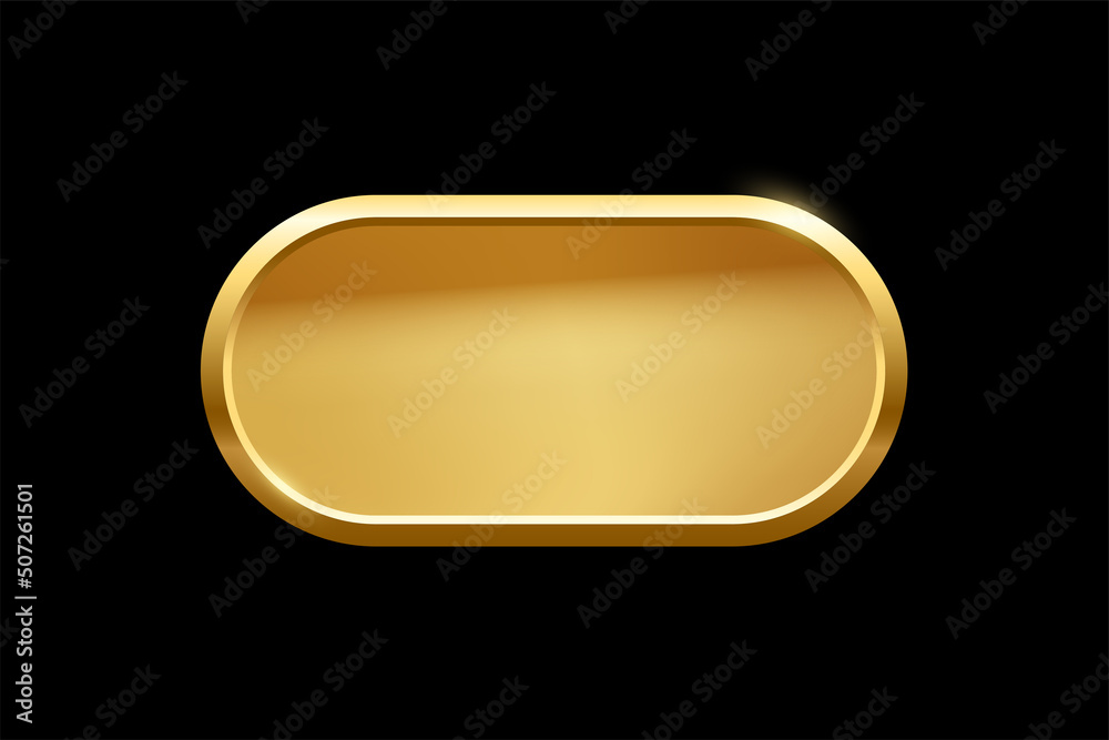 Gold ellipse shape button with frame vector illustration. 3d golden glossy elegant design for empty oval emblem, medal or badge, shiny and gradient light effect on plate isolated on black background. - obrazy, fototapety, plakaty 