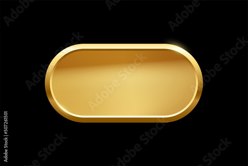 Gold ellipse shape button with frame vector illustration. 3d golden glossy elegant design for empty oval emblem, medal or badge, shiny and gradient light effect on plate isolated on black background. photo