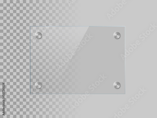 Glass rectangle plate isolated on transparent bacground. Vector realistic acrylic frame with steel rivets