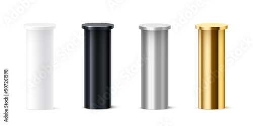 3d podium stands set for product display, realistic cylinder platform pedestal for awards