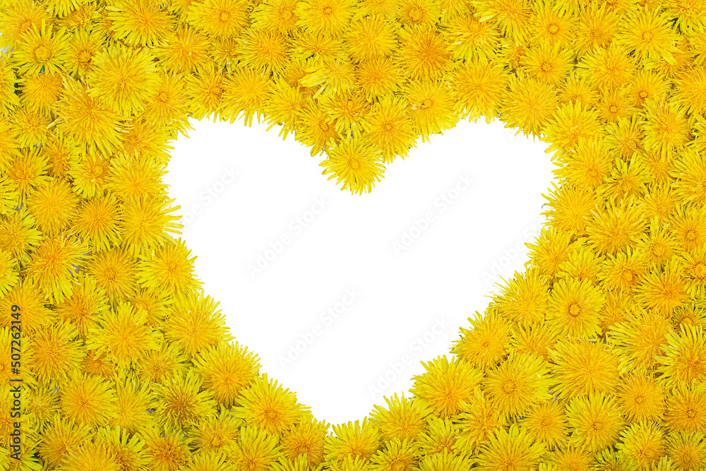 A heart-shaped frame of yellow dandelion flowers on a white background. Copy space