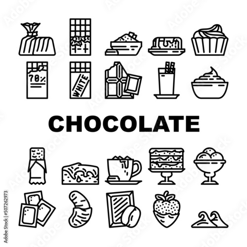 Chocolate Sweet Food And Drink Icons Set Vector. White And Dark Chocolate Bar And Candy, Strawberry And Banana Delicious Cocoa Dessert. Coffee And Milky Beverage Black Contour Illustrations