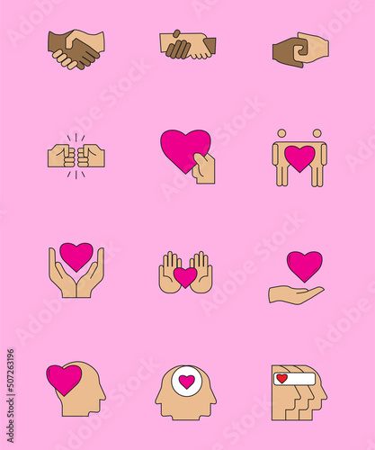 Friendship and Love Vector Line Icons Set. Relationship, Mutual Understanding, Mutual Assistance, Interaction. Perfect.