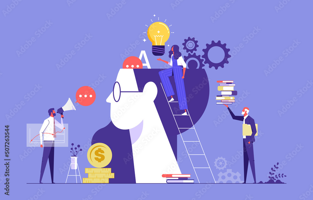 Woman and man characters putting light bulb, books and gear into human head to improve work skills. Concept of up skill, learning new skills to improve job. Flat cartoon vector illustration Woman and man characters putting light bulb, books and gear into human head to improve work skills. Concept of up skill, learning new skills to improve job. Flat cartoon vector illustration