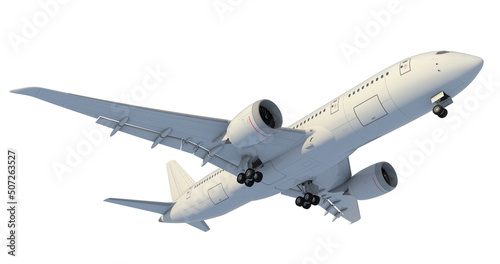 The plane takes off and retracts the landing gear. 3d render isolated on white background