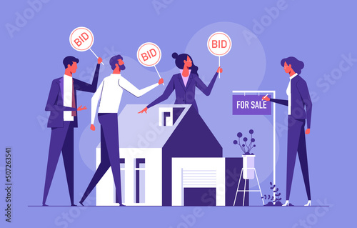 House for sale. Auction, group of various people holds bid signs. Best price offer, balance of supply and demand. Real estate deal