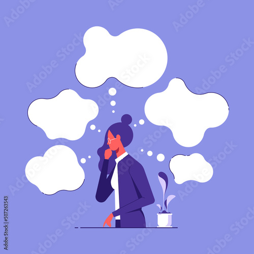 Character of business woman with her finger to her chin, thinking too much, worried, serious, depressed, surrounding with blank speech bubble