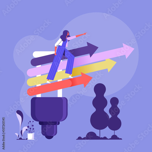 Creative new idea, innovation start up business or inspiration to achieve success goal concept, smart businesswoman standing on lightbulb with arrow growth in the sky