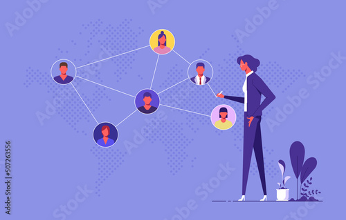Networking or social network concept, female character connecting together different members of the system. Vector flat illustration in modern style
