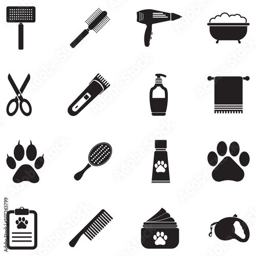 Pet Grooming Icons. Black Flat Design. Vector Illustration.