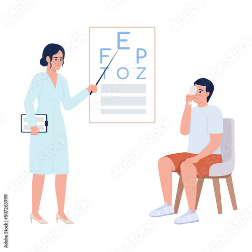 Eyesight checkup with doctor semi flat color vector characters. Posing figured. Full body people on white. Simple cartoon style illustration for web graphic design and animation. Comfortaa font used
