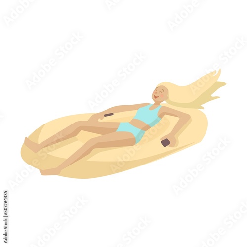 Kids and adults relaxing in waterpark vector illustration. People sliding down tall water slides in aqua park isolated on white