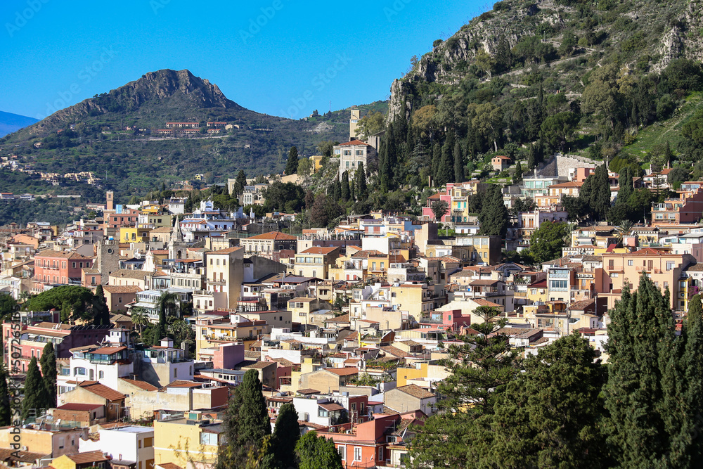 Naklejka premium Aerial view of Taormina town from the Teatro Greco viewpoint, Sicily, Italy