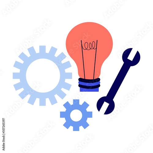 Light bulb, gears and wrench for renovation ideas. Simple flat vector isolated on white background