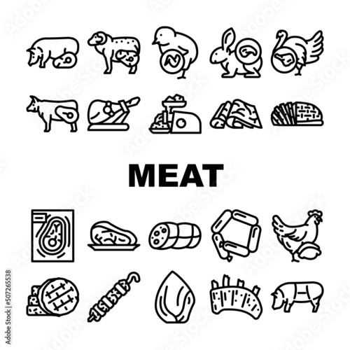 Meat Raw Food Domestic Animal Icons Set Vector. Rabbit And Mutton, Chick And Chicken, Beef And Turkey Meat For Cooking Delicious Dish And Frying Barbeque. Jamon And Hen Black Contour Illustrations