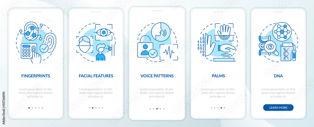 Biometric technology blue onboarding mobile app screen. Identity walkthrough 5 steps editable graphic instructions with linear concepts. UI, UX, GUI template. Myriad Pro-Bold, Regular fonts used Biometric technology blue onboarding mobile app screen. Identity walkthrough 5 steps editable graphic instructions with linear concepts. UI, UX, GUI template. Myriad Pro-Bold, Regular fonts used