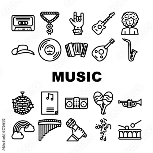 Music Genres Audio Performance Icons Set Vector. Classical And Country, Pop Hip Hop, Jazz And Electronic, Disco And Funk Music Genres. Musical Entertainment And Performing Black Contour Illustrations