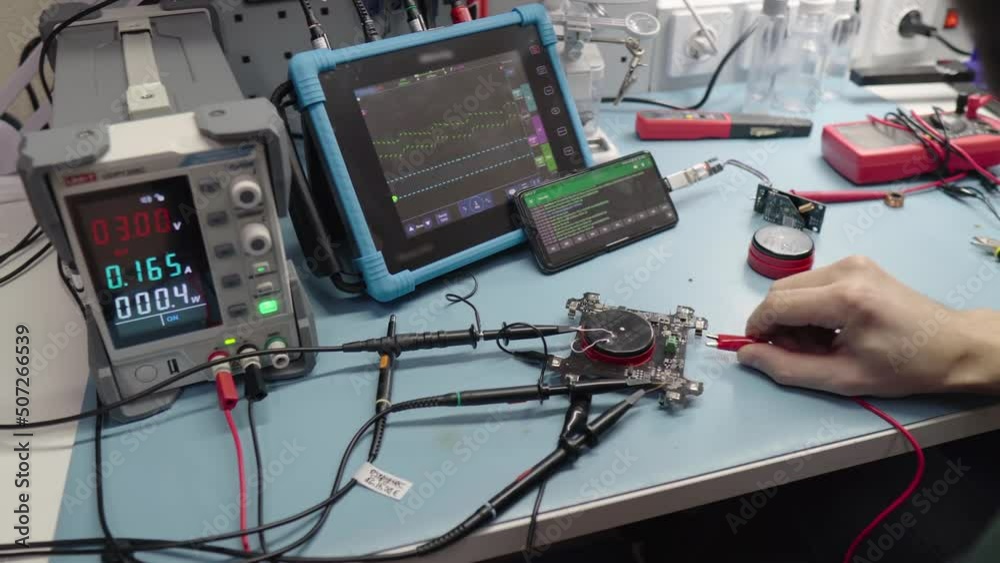 Electronic developer create prototype of new device. An engineer tests a gadget using a tablet and special equipment. Male hand presses on a touch screen. Electronics production in the factory.