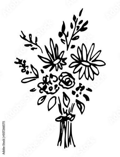 Cute bouquet of wild flowers isolated on white background. Simple vector black outline drawing. Birthday, greeting card.